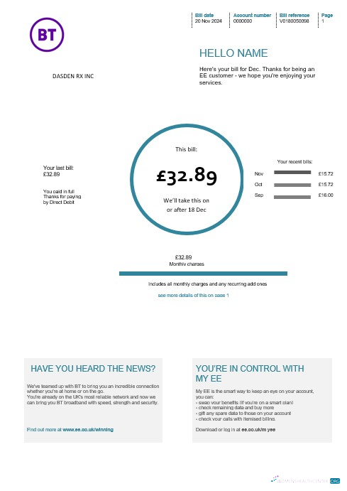 Download United Kingdom BT telecommunications business utility bill template Photoshop template